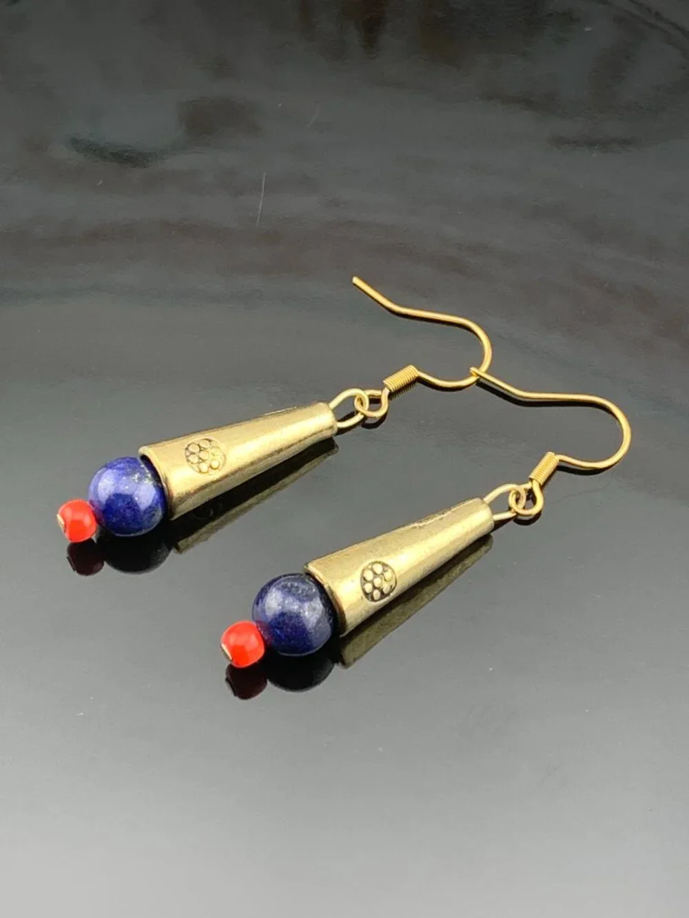 Blue Lapis Red Bead Brass Handmade Handcrafted Earrings LR160
